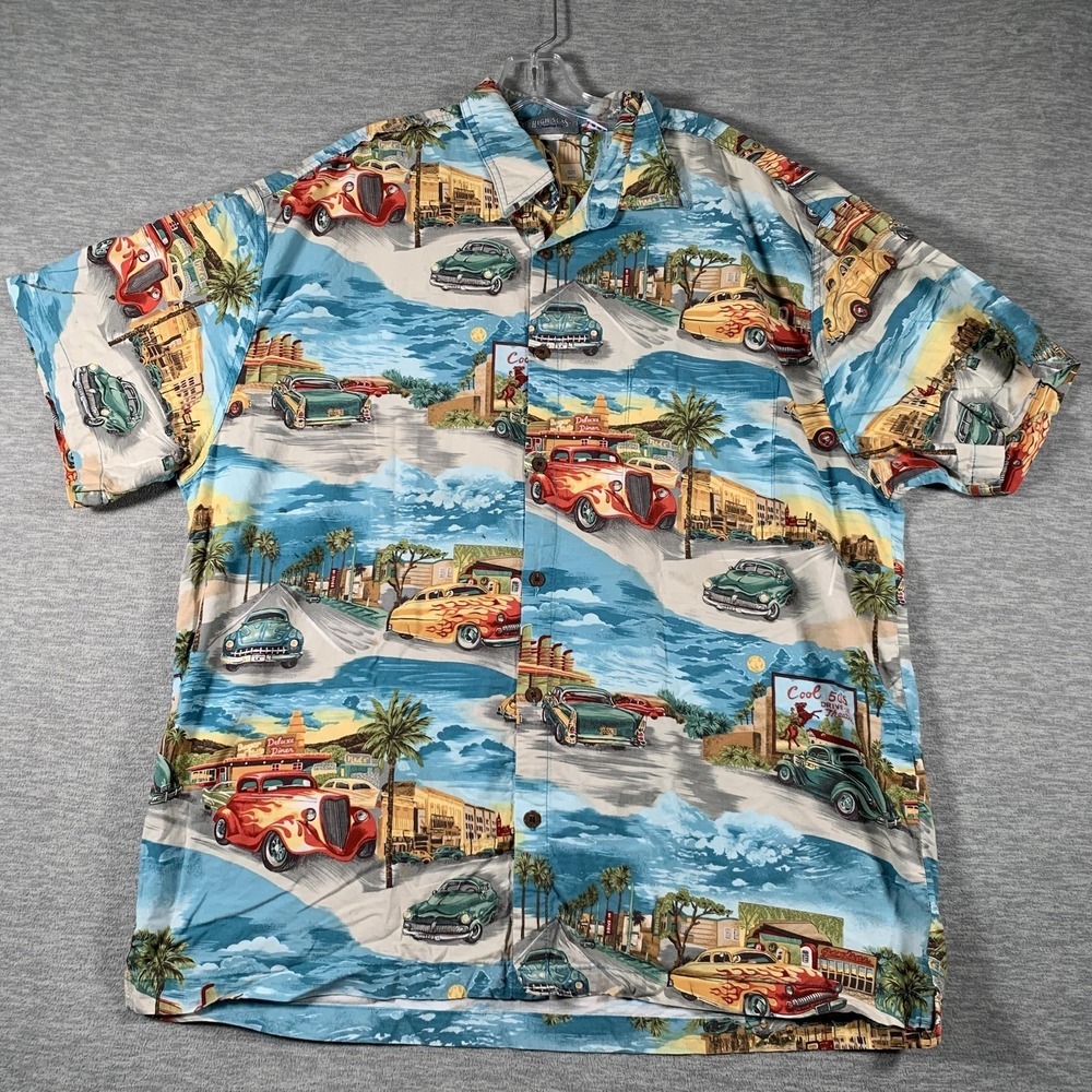 High‎ Seas Trading Co Shirt Mens XL Blue Hot Rod Cars Aloha Hawaiian Retro